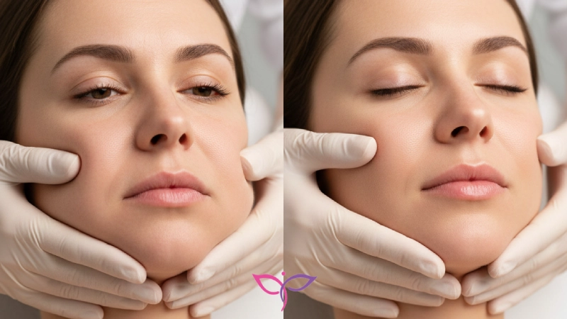 نمای نزدیک از دستان متخصص کلینیک پرنیان در حال انجام ماساژ حرفه‌ای درناژ لنفاوی برای رفع ورم و پف صورت ناشی از استرس.